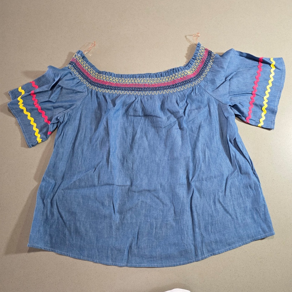 Flying Tomato Blue Chambray Off Shoulder Smocked Rickrack Top 2X ITP10244